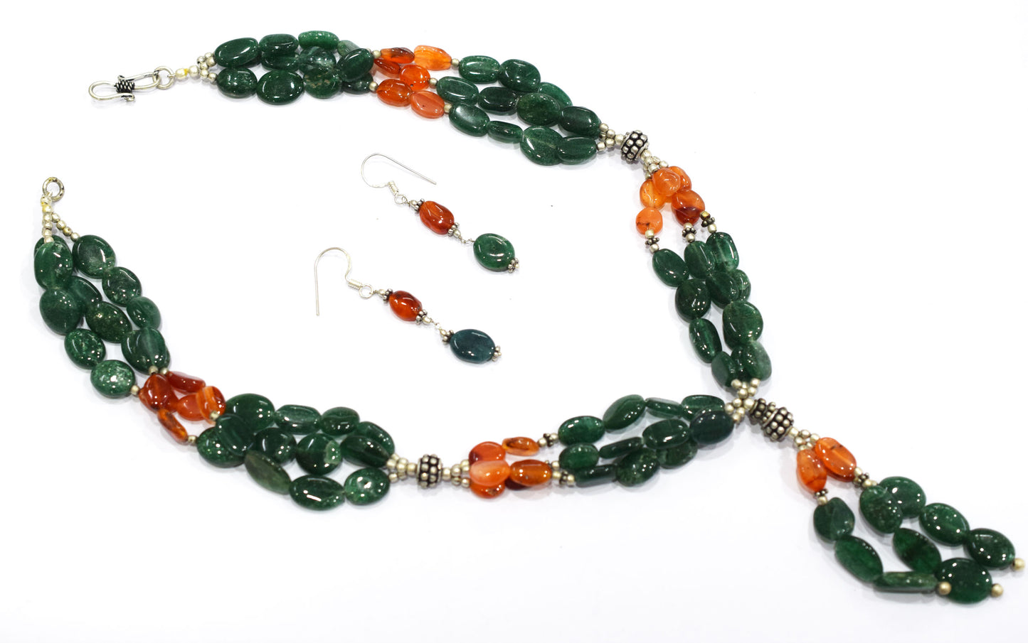 Natural Carnelian and Green Aventurine Necklace Set - Multi-Strand Statement Choker with Drop Earrings - Handmade Boho Tribal Beaded Jewelry Gift for Her,32974