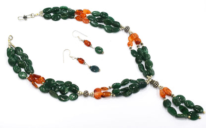 Natural Carnelian and Green Aventurine Necklace Set - Multi-Strand Statement Choker with Drop Earrings - Handmade Boho Tribal Beaded Jewelry Gift for Her,32974