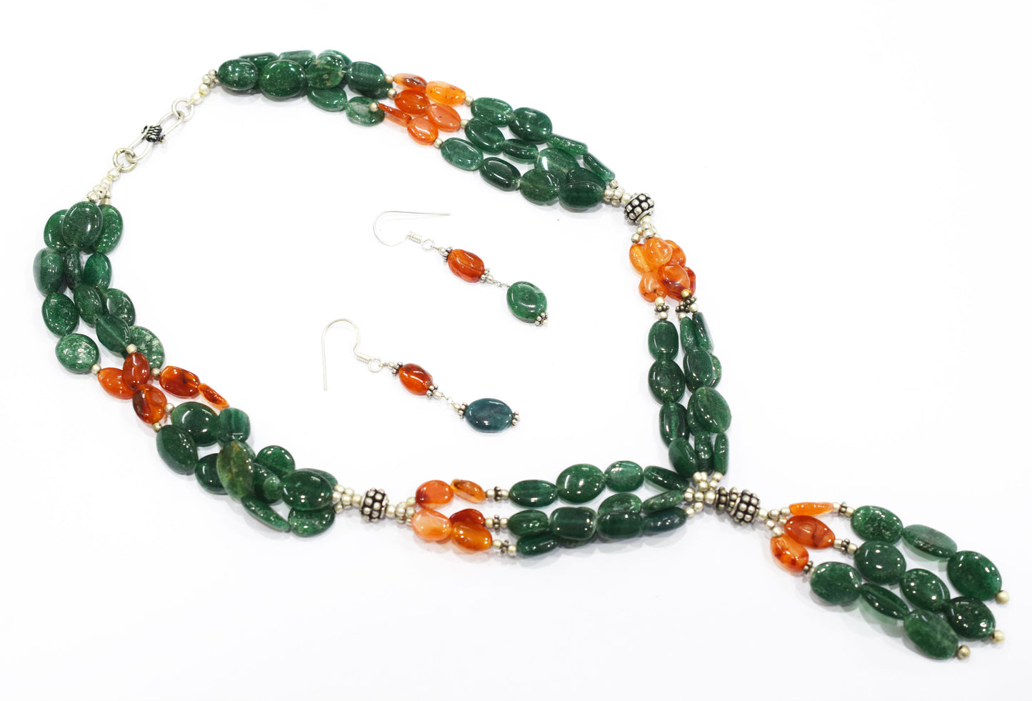 Natural Carnelian and Green Aventurine Necklace Set - Multi-Strand Statement Choker with Drop Earrings - Handmade Boho Tribal Beaded Jewelry Gift for Her,32974