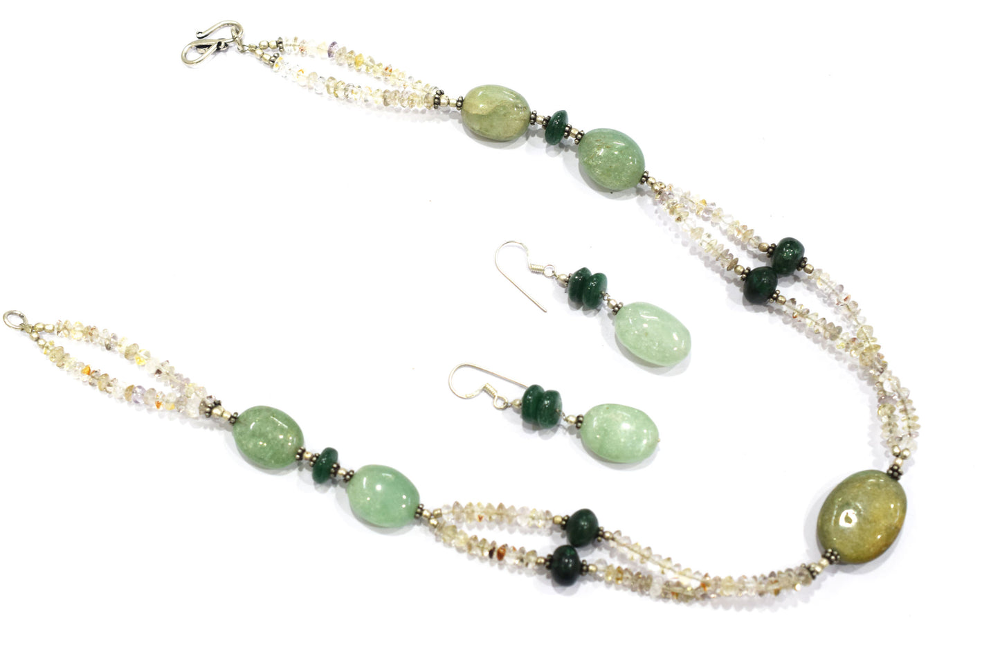 Natural Green Aventurine and Smoky Quartz Necklace Set - Multi-Strand Statement Choker with Drop Earrings - Handmade Boho Tribal Beaded Jewelry Gift for Her,32975