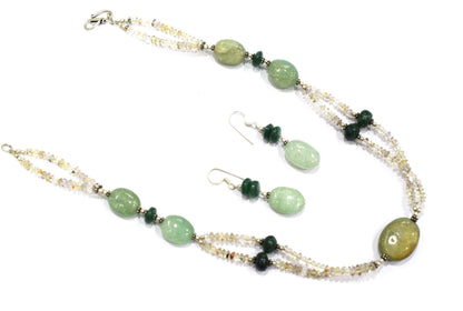 Natural Green Aventurine and Smoky Quartz Necklace Set - Multi-Strand Statement Choker with Drop Earrings - Handmade Boho Tribal Beaded Jewelry Gift for Her,32975