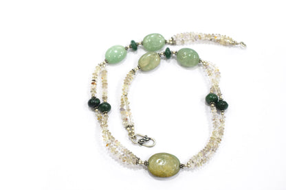 Natural Green Aventurine and Smoky Quartz Necklace Set - Multi-Strand Statement Choker with Drop Earrings - Handmade Boho Tribal Beaded Jewelry Gift for Her,32975