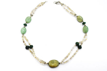 Natural Green Aventurine and Smoky Quartz Necklace Set - Multi-Strand Statement Choker with Drop Earrings - Handmade Boho Tribal Beaded Jewelry Gift for Her,32975