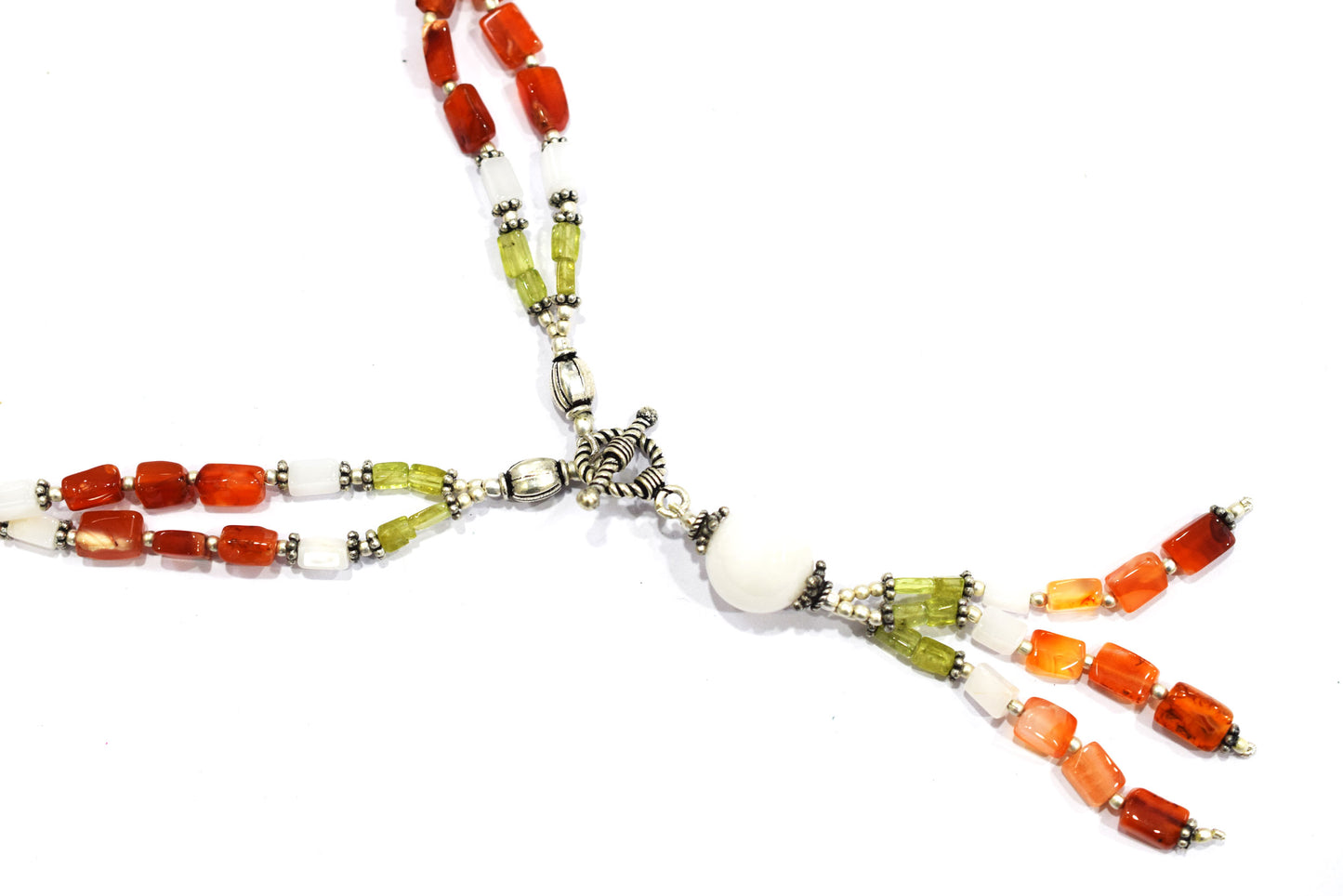 Natural Carnelian and White Agate Necklace Set - Multi-Strand Peridot Statement Choker with Drop Earrings - Handmade Boho Tribal Beaded Jewelry Gift for Her,32976