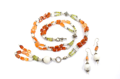 Natural Carnelian and White Agate Necklace Set - Multi-Strand Peridot Statement Choker with Drop Earrings - Handmade Boho Tribal Beaded Jewelry Gift for Her,32976