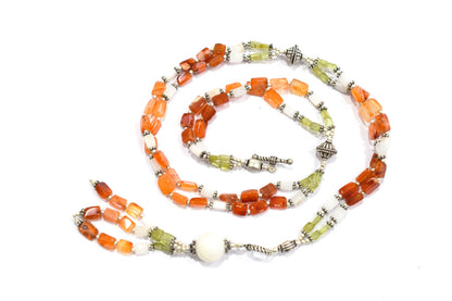 Natural Carnelian and White Agate Necklace Set - Multi-Strand Peridot Statement Choker with Drop Earrings - Handmade Boho Tribal Beaded Jewelry Gift for Her,32976