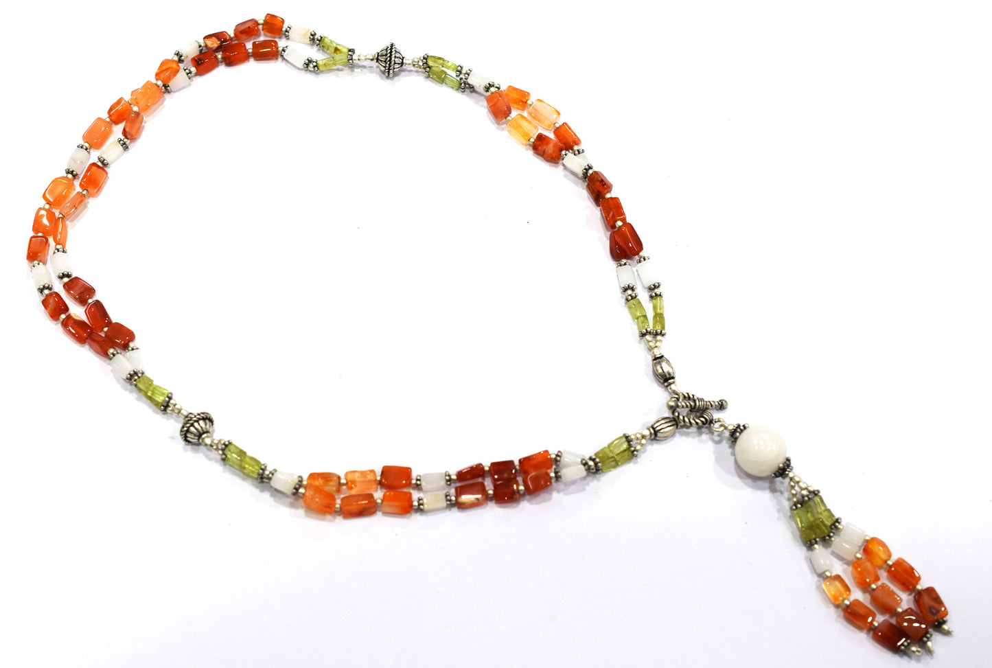 Natural Carnelian and White Agate Necklace Set - Multi-Strand Peridot Statement Choker with Drop Earrings - Handmade Boho Tribal Beaded Jewelry Gift for Her,32976