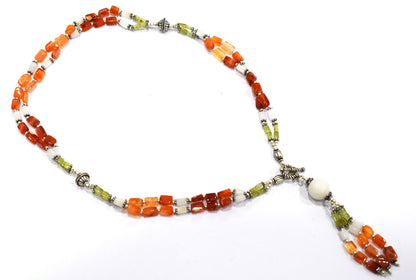 Natural Carnelian and White Agate Necklace Set - Multi-Strand Peridot Statement Choker with Drop Earrings - Handmade Boho Tribal Beaded Jewelry Gift for Her,32976