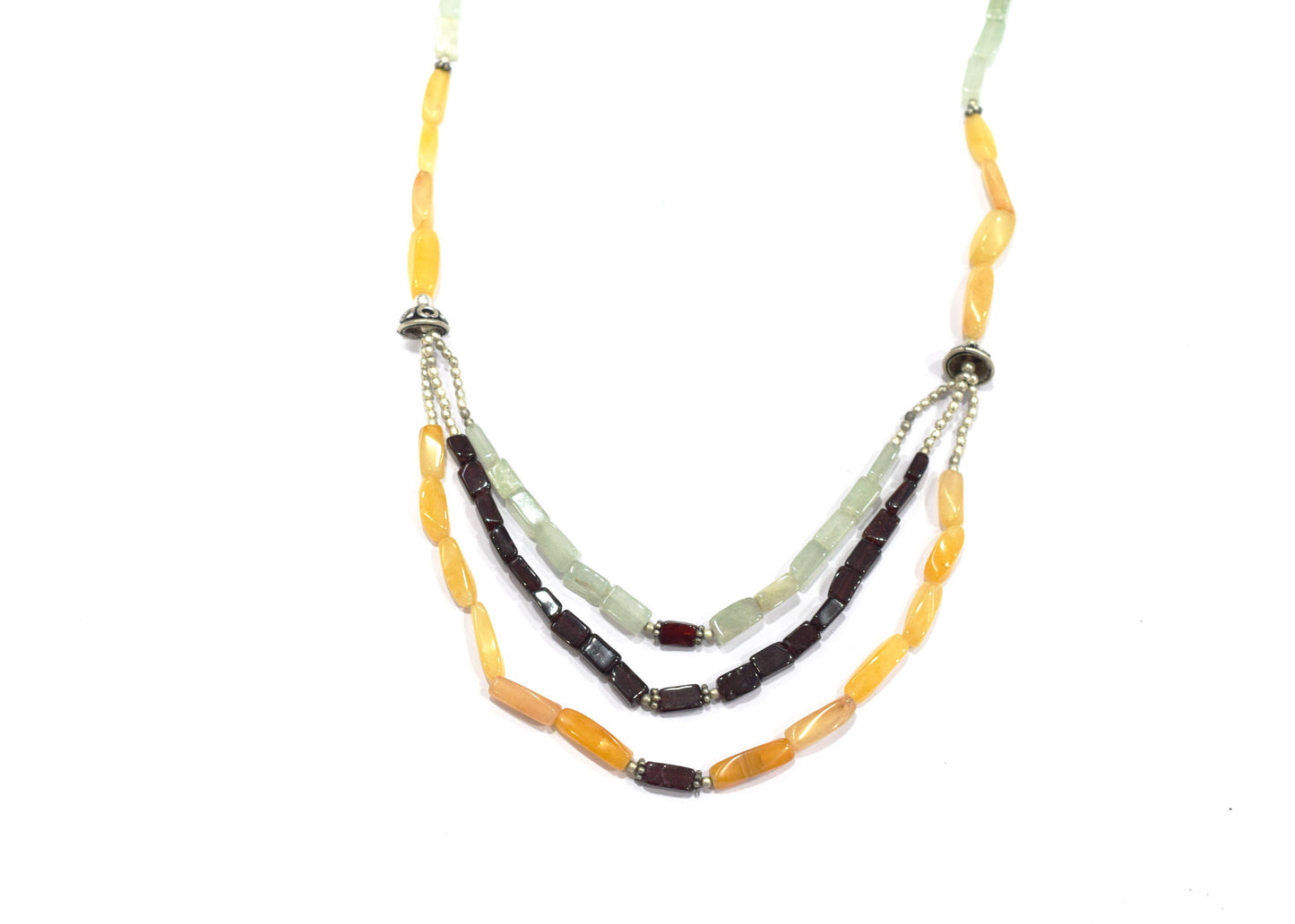 Natural Green Aventurine, Hessonite Garnet & Citrine 3-Strand Gemstone Beaded Necklace,32977