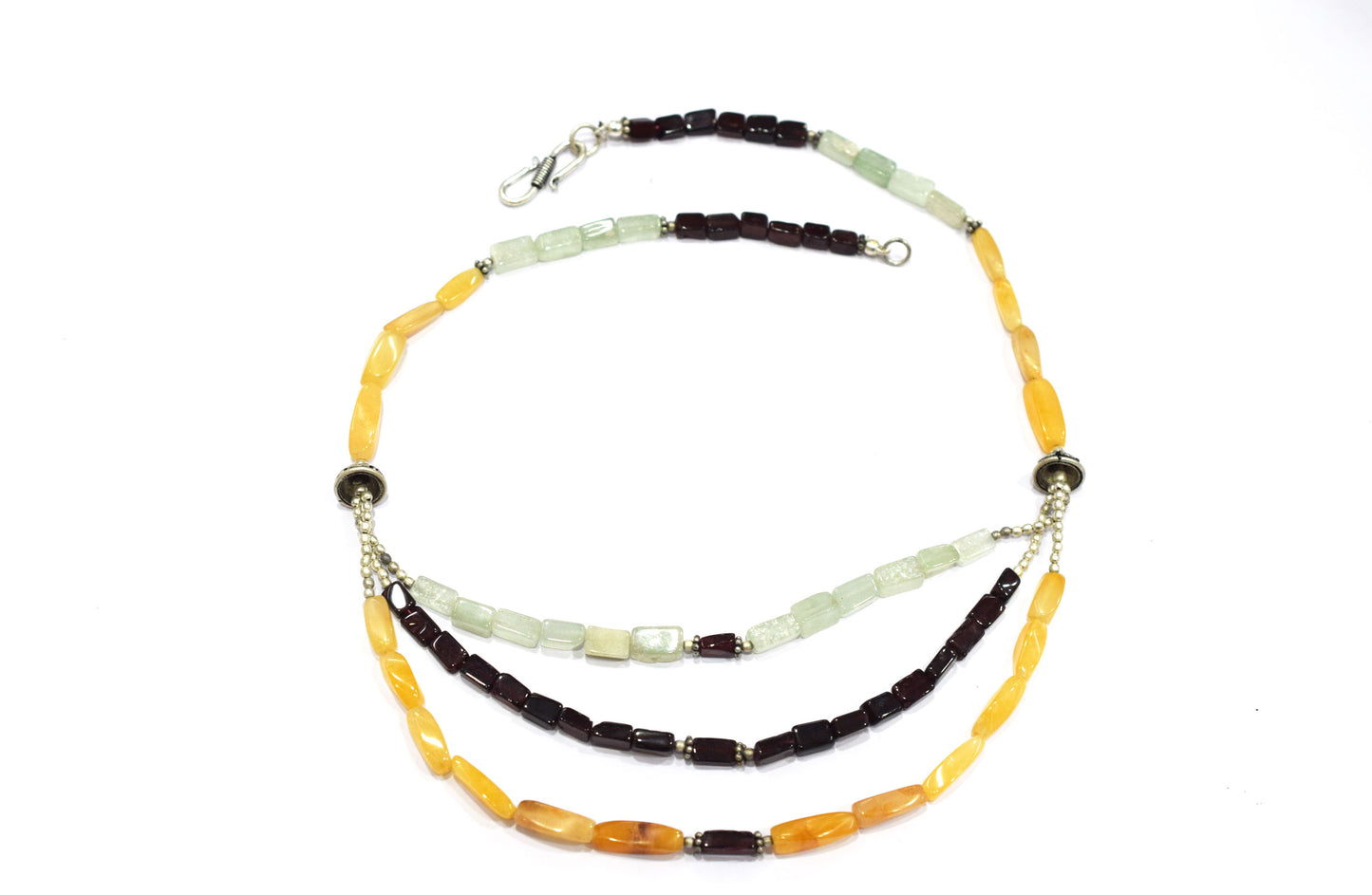 Natural Green Aventurine, Hessonite Garnet & Citrine 3-Strand Gemstone Beaded Necklace,32977