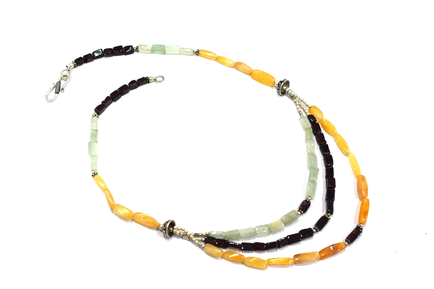 Natural Green Aventurine, Hessonite Garnet & Citrine 3-Strand Gemstone Beaded Necklace,32977