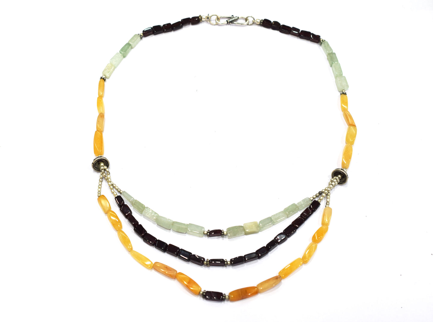 Natural Green Aventurine, Hessonite Garnet & Citrine 3-Strand Gemstone Beaded Necklace,32977