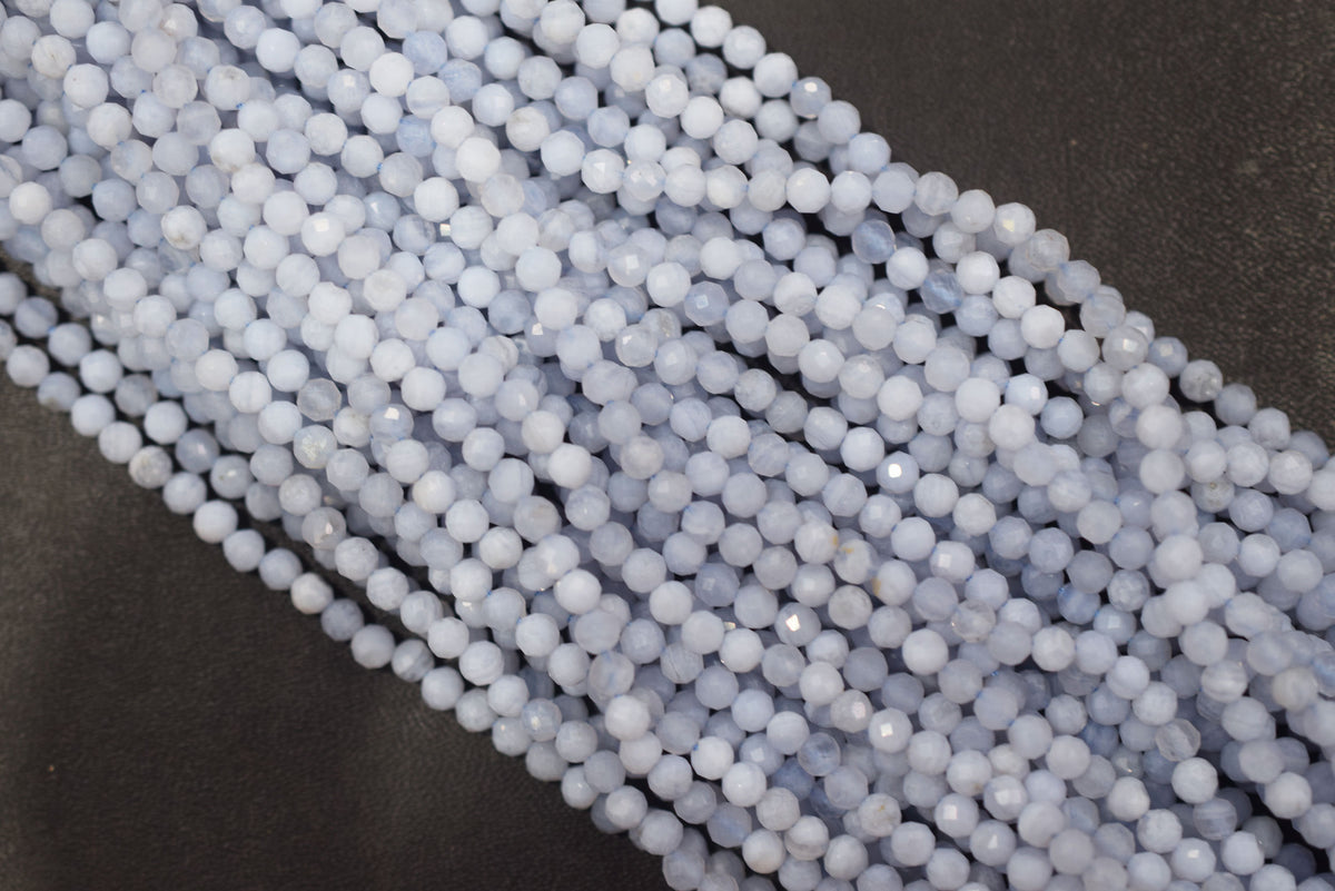 Micro Faceted Natural Blue Lace Agate, Round Beads Blue Chalcedony, sold by strand , 13inches , 3.75mm , 33073