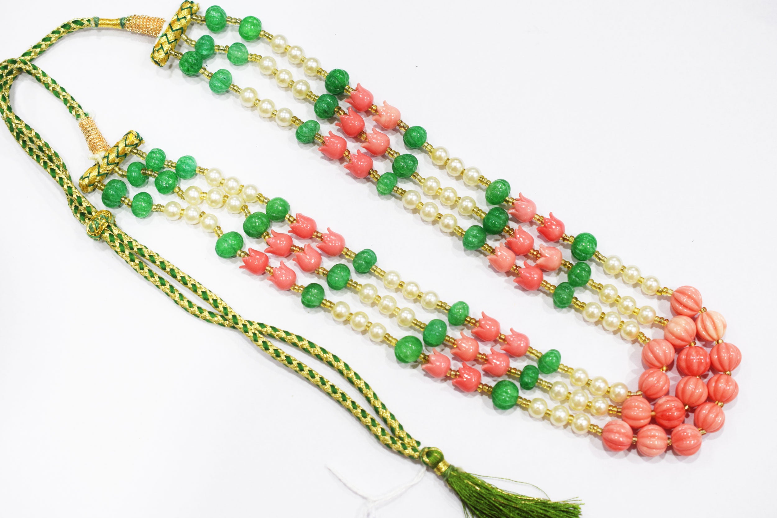 Ceramic coral Pink Tulip Flower and Synthetic Pearl and Dyed Green Quartz Necklace, 6.50 x10mm, 16 to 19 inches, 33JJE073