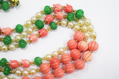 Ceramic coral Pink Tulip Flower and Synthetic Pearl and Dyed Green Quartz Necklace, 6.50 x10mm, 16 to 19 inches, 33JJE073