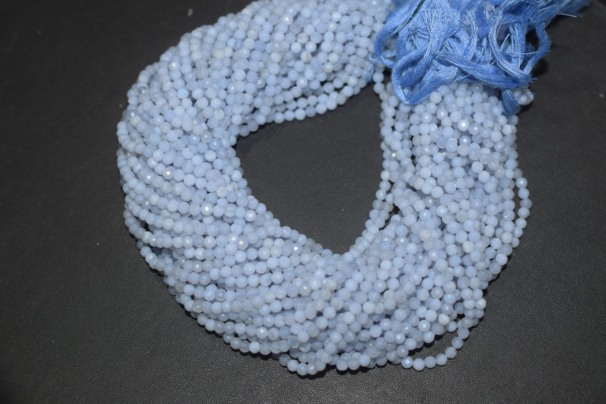 Micro Faceted Natural Blue Lace Agate, Round Beads Blue Chalcedony, sold by strand , 13inches , 3.75mm , 33073