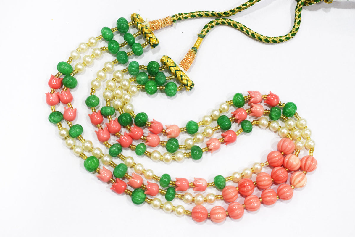 Ceramic coral Pink Tulip Flower and Synthetic Pearl and Dyed Green Quartz Necklace, 6.50 x10mm, 16 to 19 inches, 33JJE073