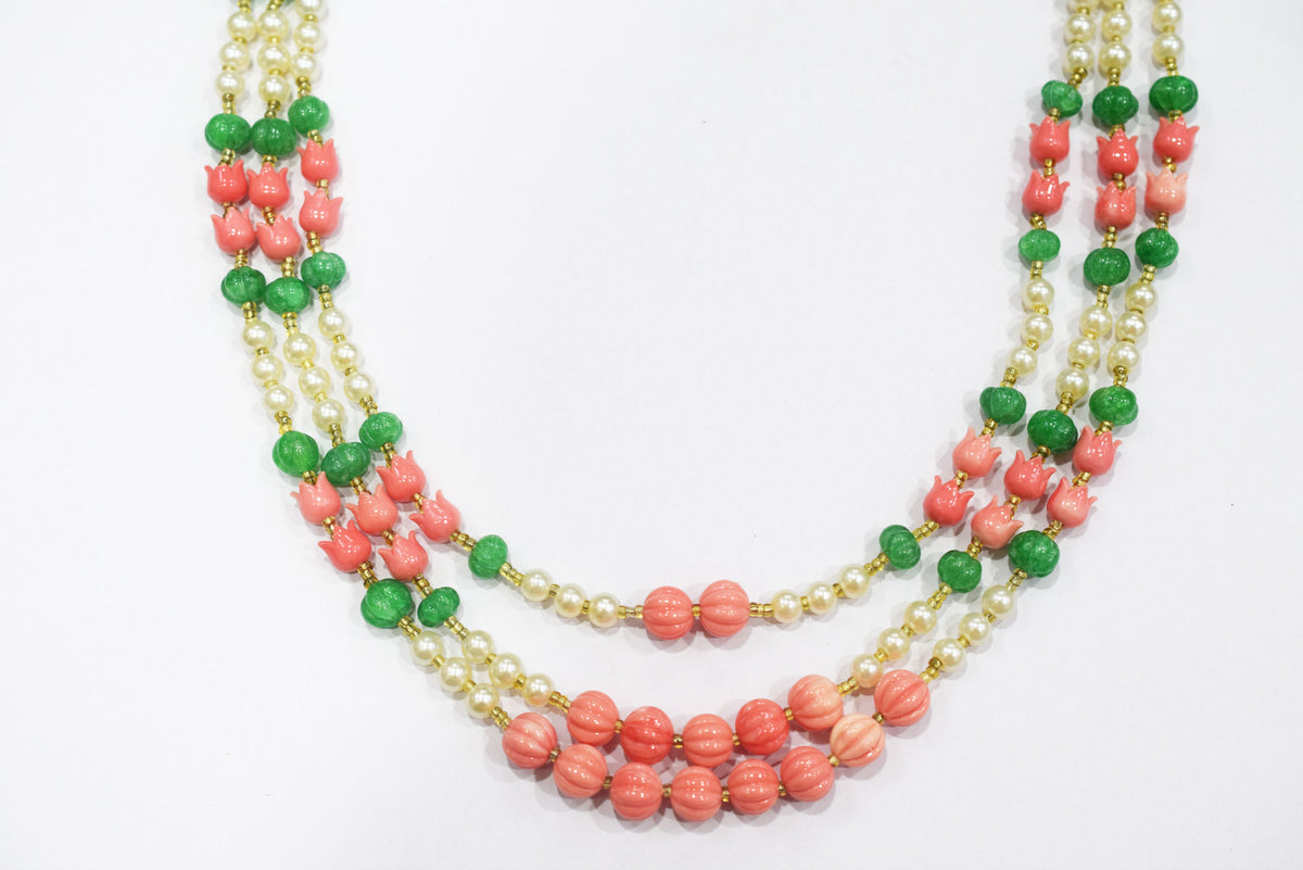 Ceramic coral Pink Tulip Flower and Synthetic Pearl and Dyed Green Quartz Necklace, 6.50 x10mm, 16 to 19 inches, 33JJE073