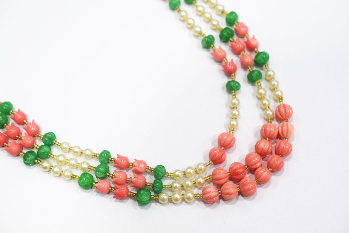 Ceramic coral Pink Tulip Flower and Synthetic Pearl and Dyed Green Quartz Necklace, 6.50 x10mm, 16 to 19 inches, 33JJE073