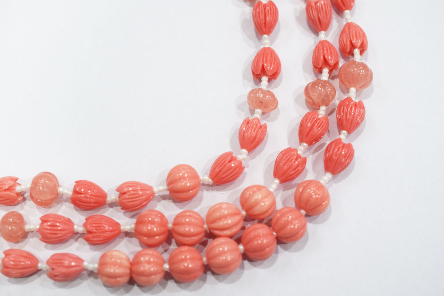 Rose Coloured Quartz,Pumpkin and Tulip Ceramic coral and Synthetic Pearl Necklace , 6.50 x10mm, 16 to 19 inches, 33JJE074