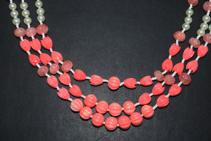 Rose Coloured Quartz,Pumpkin and Tulip Ceramic coral and Synthetic Pearl Necklace , 6.50 x10mm, 16 to 19 inches, 33JJE074