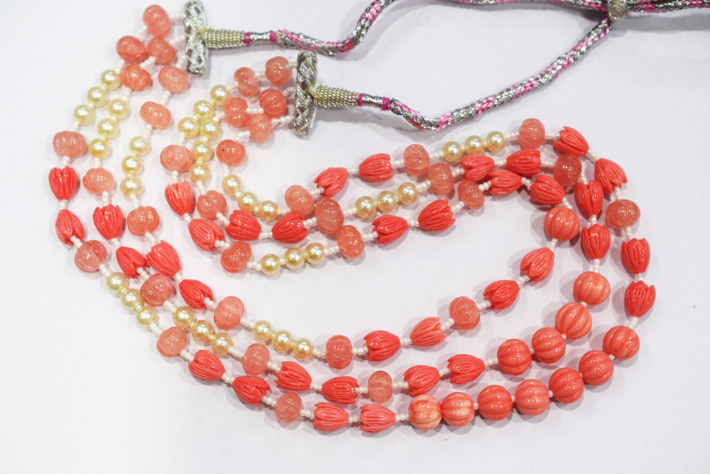 Rose Coloured Quartz,Pumpkin and Tulip Ceramic coral and Synthetic Pearl Necklace , 6.50 x10mm, 16 to 19 inches, 33JJE074