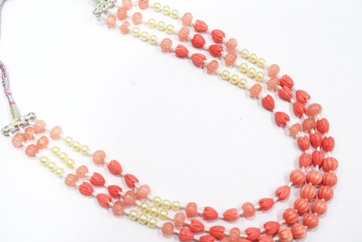 Rose Coloured Quartz,Pumpkin and Tulip Ceramic coral and Synthetic Pearl Necklace , 6.50 x10mm, 16 to 19 inches, 33JJE074