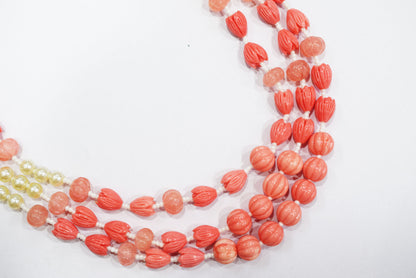 Rose Coloured Quartz,Pumpkin and Tulip Ceramic coral and Synthetic Pearl Necklace , 6.50 x10mm, 16 to 19 inches, 33JJE074