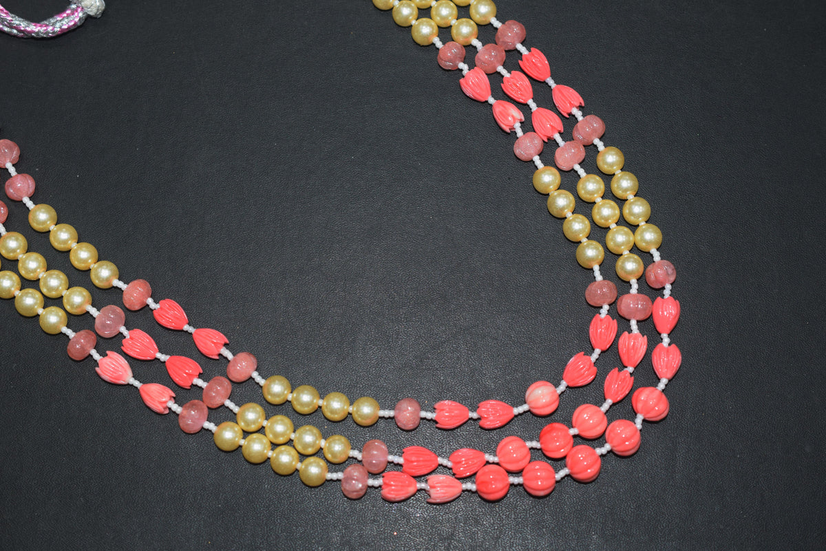 Rose Coloured Quartz,Pumpkin and Tulip Ceramic coral and Synthetic Pearl,8.50 x10mm, 15 to 18 inches, 33JJE075