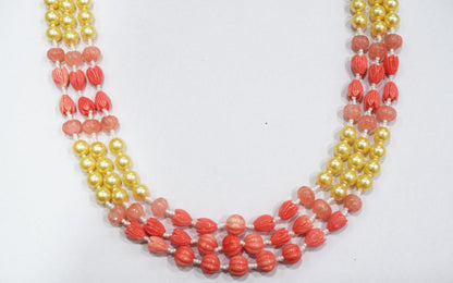 Rose Coloured Quartz,Pumpkin and Tulip Ceramic coral and Synthetic Pearl,8.50 x10mm, 15 to 18 inches, 33JJE075