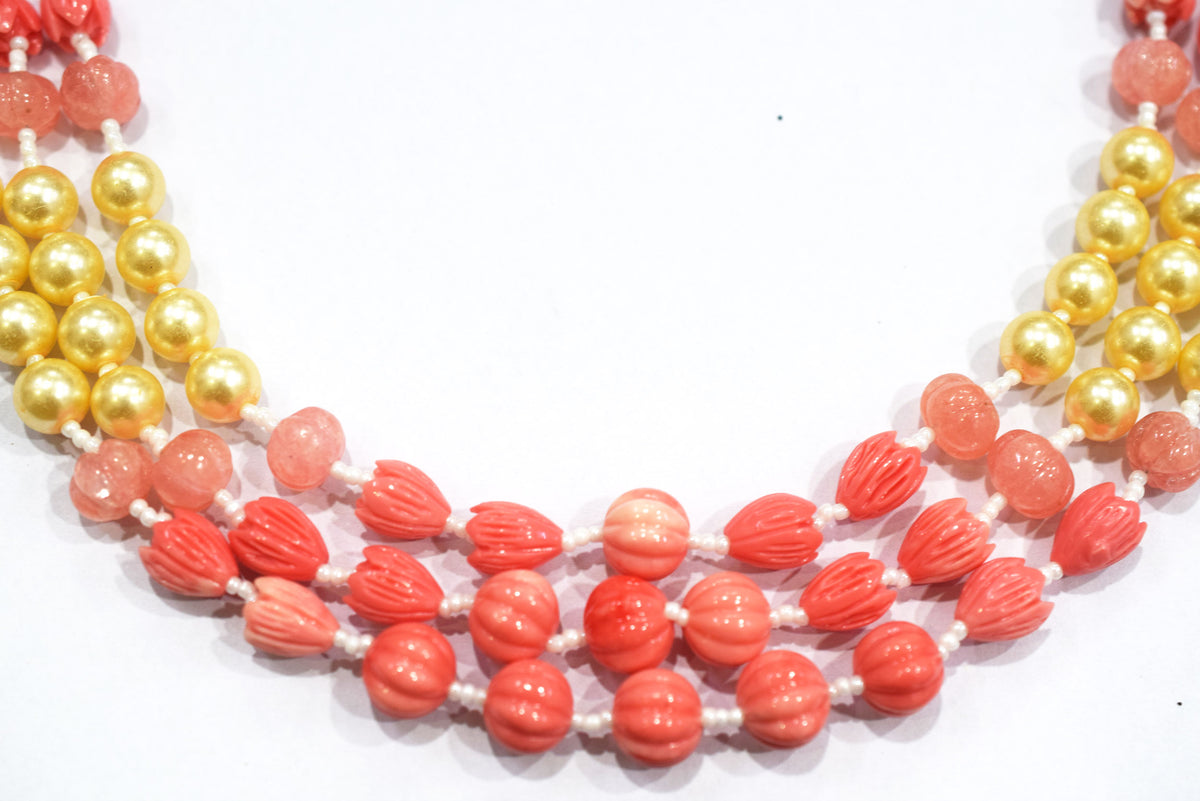 Rose Coloured Quartz,Pumpkin and Tulip Ceramic coral and Synthetic Pearl,8.50 x10mm, 15 to 18 inches, 33JJE075