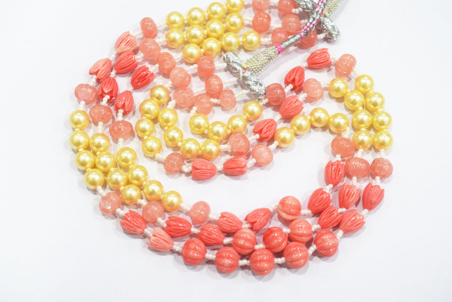 Rose Coloured Quartz,Pumpkin and Tulip Ceramic coral and Synthetic Pearl,8.50 x10mm, 15 to 18 inches, 33JJE075