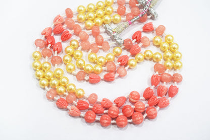 Rose Coloured Quartz,Pumpkin and Tulip Ceramic coral and Synthetic Pearl,8.50 x10mm, 15 to 18 inches, 33JJE075