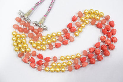 Rose Coloured Quartz,Pumpkin and Tulip Ceramic coral and Synthetic Pearl,8.50 x10mm, 15 to 18 inches, 33JJE075