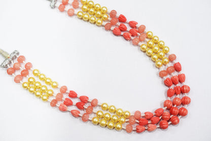 Rose Coloured Quartz,Pumpkin and Tulip Ceramic coral and Synthetic Pearl,8.50 x10mm, 15 to 18 inches, 33JJE075