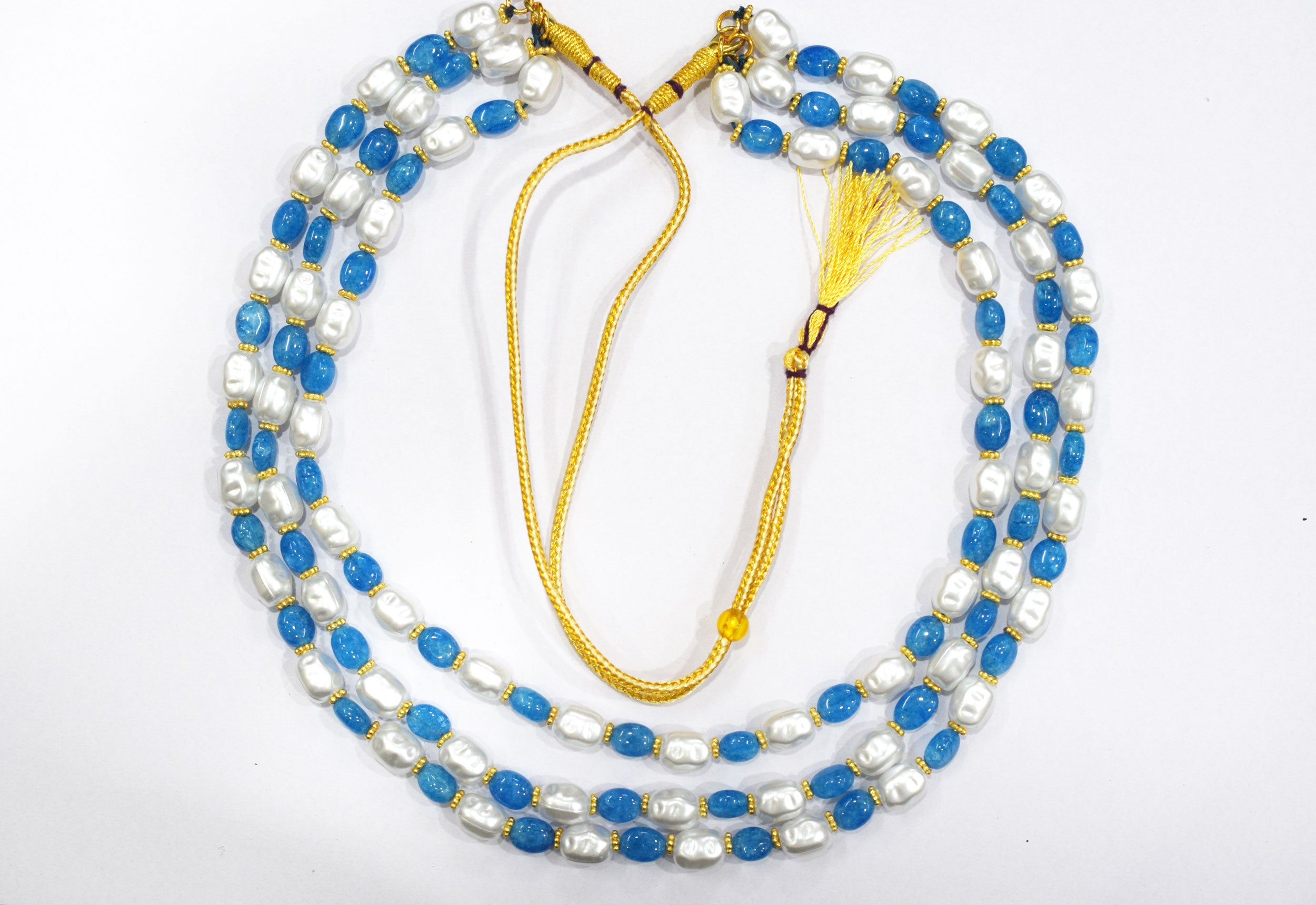 Neon Apatite Color Quartz And Synthetic Pearl Smooth Oval Quartz Necklace Of 3 Strands,7x9mm - 8.50x11mm , 16 to 19 inches, 33084