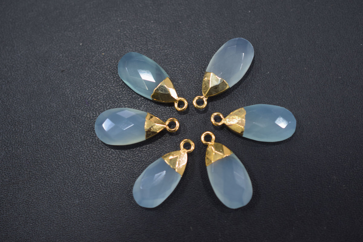 Aqua Chalcedony Pear Faceted Electroplated small charm ,Single Bail ,Sold By Piece, 19-20 mm - 34100