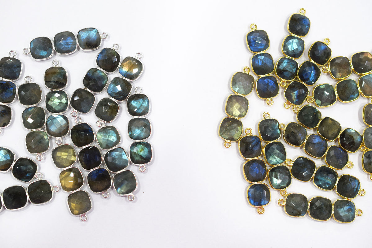 Labradorite Faceted Cushion Shape Connector, Labradorite Double Bail Bezel Bar Connector, Sold By Piece ,32 - 34 mm, 34050