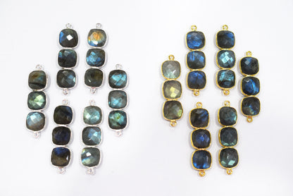 Labradorite Faceted Cushion Shape Connector, Labradorite Double Bail Bezel Bar Connector, Sold By Piece ,32 - 34 mm, 34050