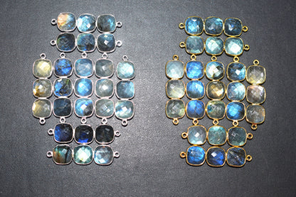 Labradorite Faceted Cushion Shape Connector, Labradorite Double Bail Bezel Bar Connector, Sold By Piece ,32 - 34 mm, 34050