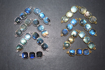 Labradorite Faceted Cushion Shape Connector, Labradorite Double Bail Bezel Bar Connector, Sold By Piece ,32 - 34 mm, 34050