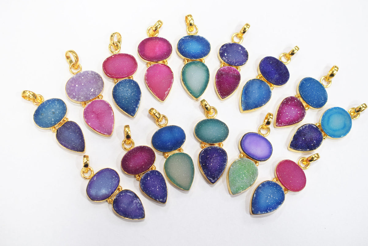 Chunky Druzy 2 Stone Pendant Charm, Sold By Piece ,32 - 38 mm ,34052