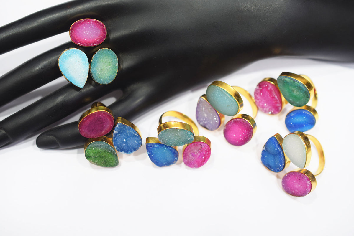 Chunky Coloured Druzy 3 Stone Ring, Adjustable Statement Ring, Ready Component, Sold By Piece, 34055