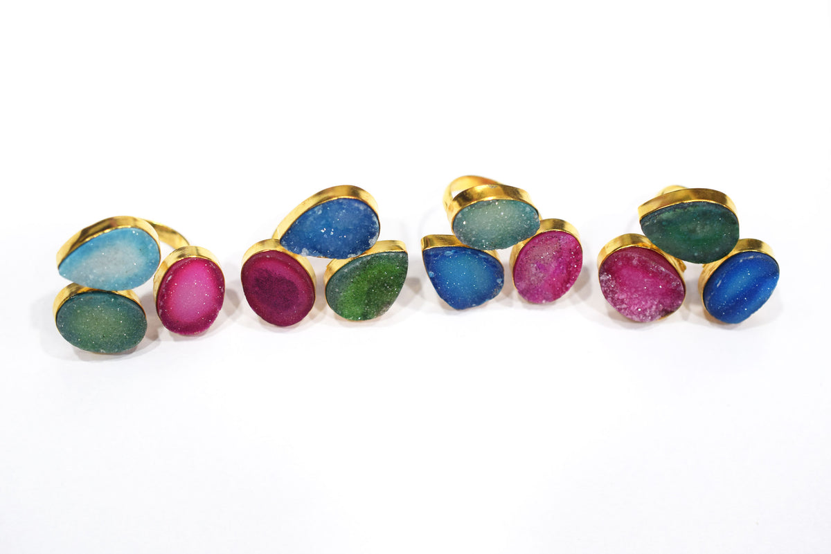 Chunky Coloured Druzy 3 Stone Ring, Adjustable Statement Ring, Ready Component, Sold By Piece, 34055
