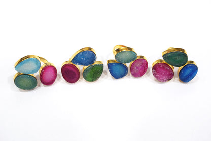 Chunky Coloured Druzy 3 Stone Ring, Adjustable Statement Ring, Ready Component, Sold By Piece, 34055