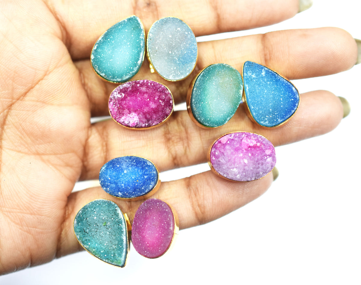 Chunky Coloured Druzy 3 Stone Ring, Adjustable Statement Ring, Ready Component, Sold By Piece, 34055