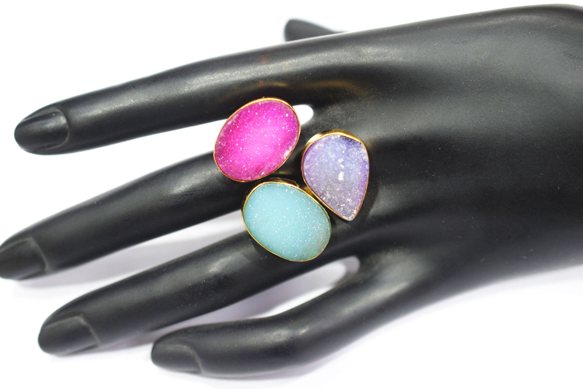 Chunky Coloured Druzy 3 Stone Ring, Adjustable Statement Ring, Ready Component, Sold By Piece, 34055
