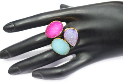 Chunky Coloured Druzy 3 Stone Ring, Adjustable Statement Ring, Ready Component, Sold By Piece, 34055