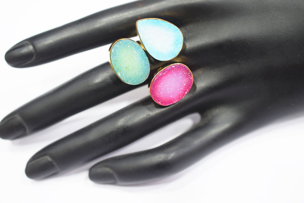 Chunky Coloured Druzy 3 Stone Ring, Adjustable Statement Ring, Ready Component, Sold By Piece, 34055
