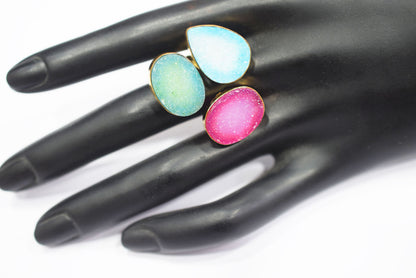 Chunky Coloured Druzy 3 Stone Ring, Adjustable Statement Ring, Ready Component, Sold By Piece, 34055